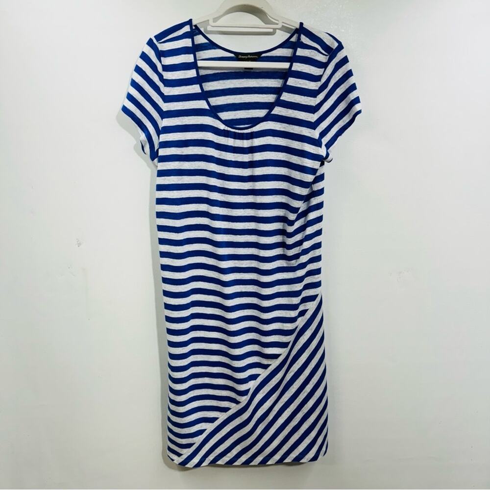 Tommy Bahama Dress 100% Linen‎ Blue White Stripe Short Sleeve Nautical Sz L